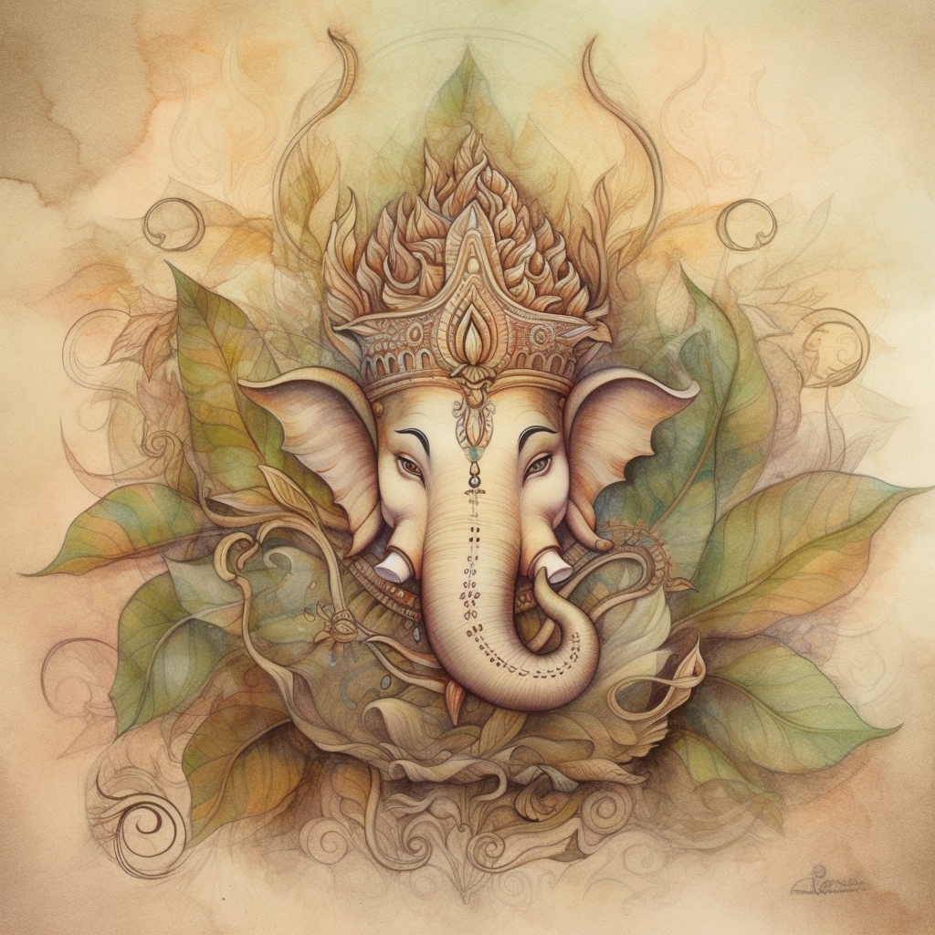 Divine Blessings: An Airbrush Print of Lord Ganesha in a Unique Leaf-L