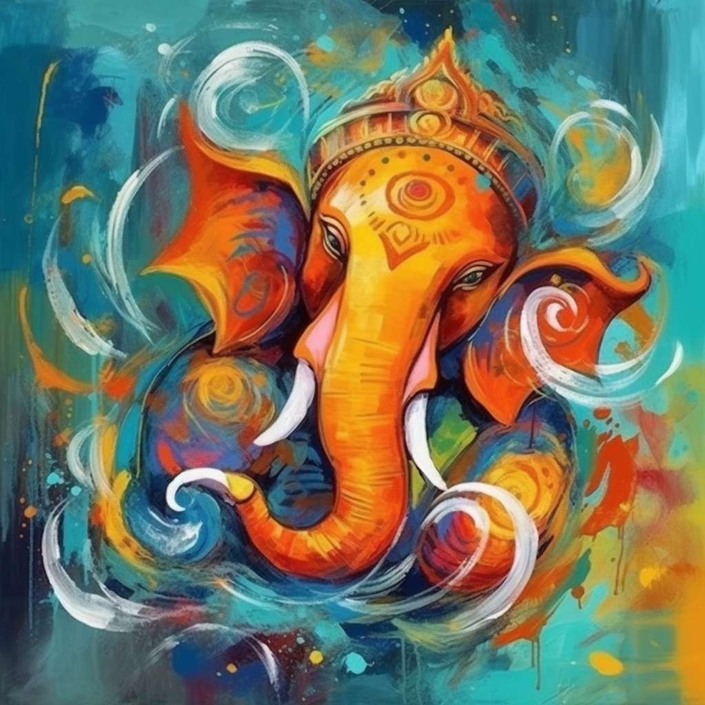 Vibrant Ganesha: A Colorful Modern Art Printing Print in Oil on Blue B