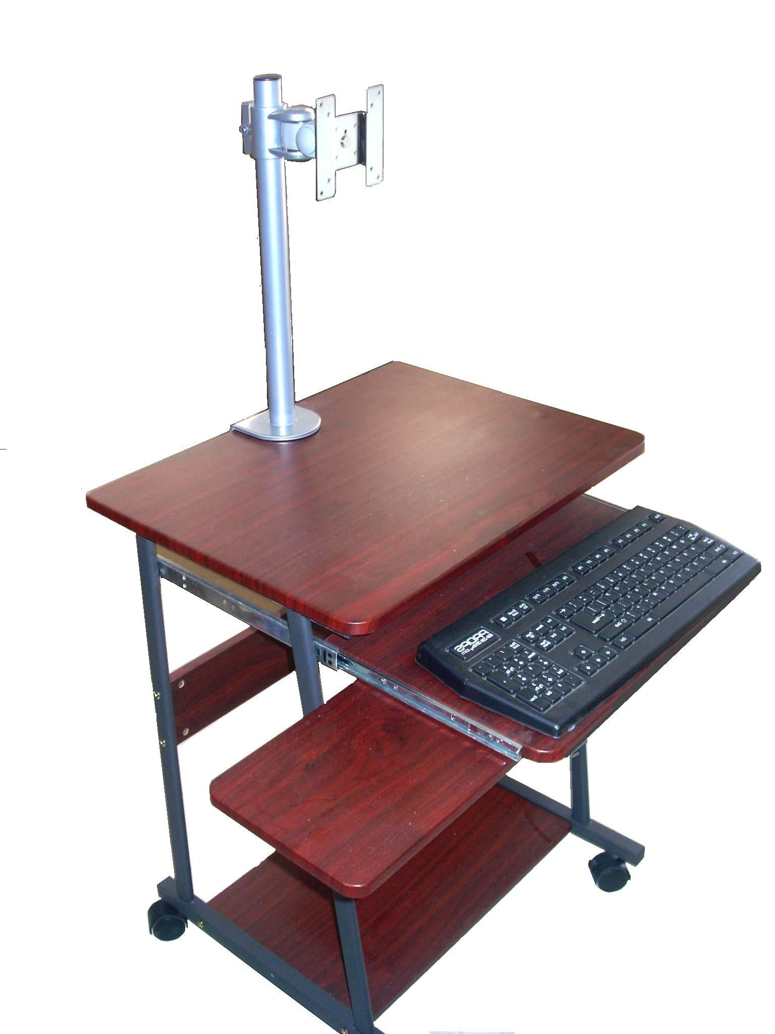 24" compact mobile computer desk with keyboard tray & mouse tray shown with lcd monitor desk stand clamp on