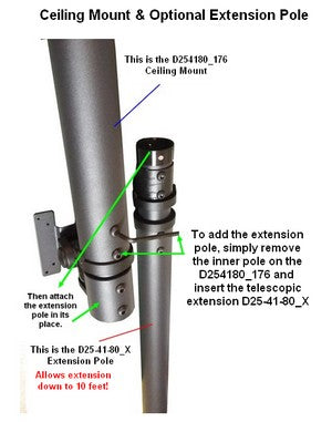 D254180-176 Ceiling TV Mount with extension pole, extends down to 10 feet!