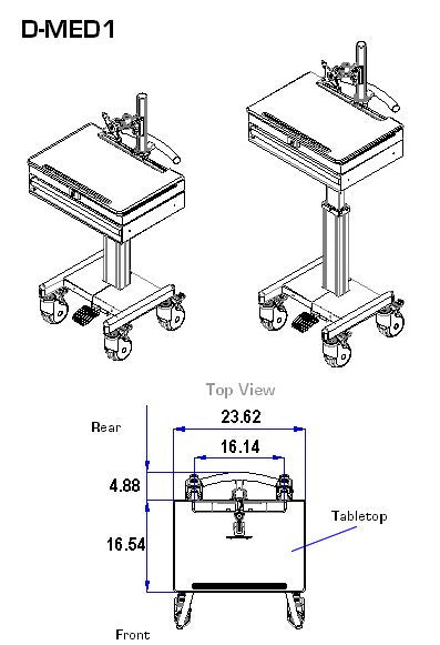 Dimensions 2: DMED1 Medical Computer Laptop Mobile Workstation Sit to Stand with pedal adjustment and security drawer for laptop