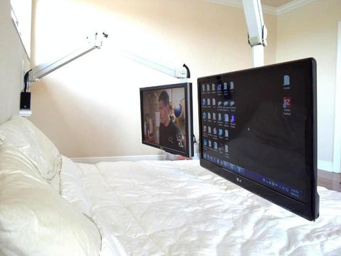 Extra Long 63" Monitor TV Wall Hospital Arm. Watch TV in bed with long reach over the bed monitor TV wall arm. Long Reach Hospital Wall Arm - Gas assisted. Articulated wall monitor bed arm