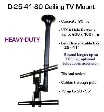 Extra Long Commercial TV Ceiling Mount for up to 60" TV - extends down to 80"