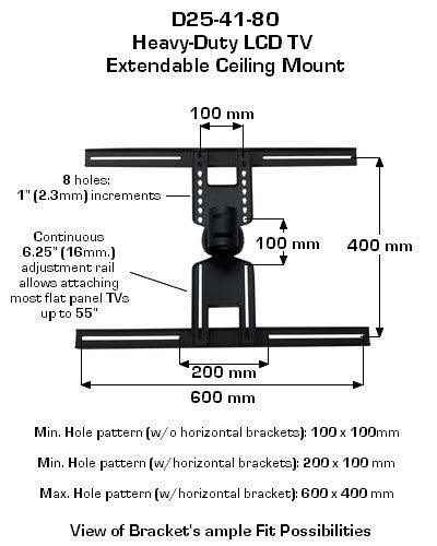 Extra Long Commercial TV Ceiling Mount for up to 60" TV - extends down to 80" VESA compatible
