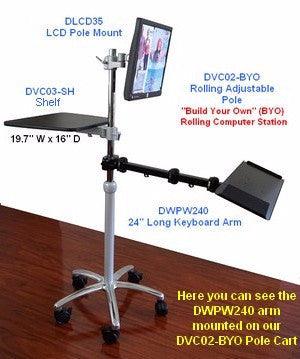 DWPW240 Pole Mounted Long Keyboard Tray with mouse pad shown on DVC02-BYO Pole Workstation