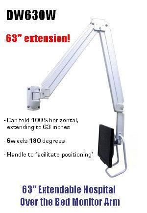 Extra Long 63" Monitor TV Wall Hospital Arm. Watch TV in bed with long reach over the bed monitor TV wall arm. Hospital Healthcare Over the bed monitor wall arm
