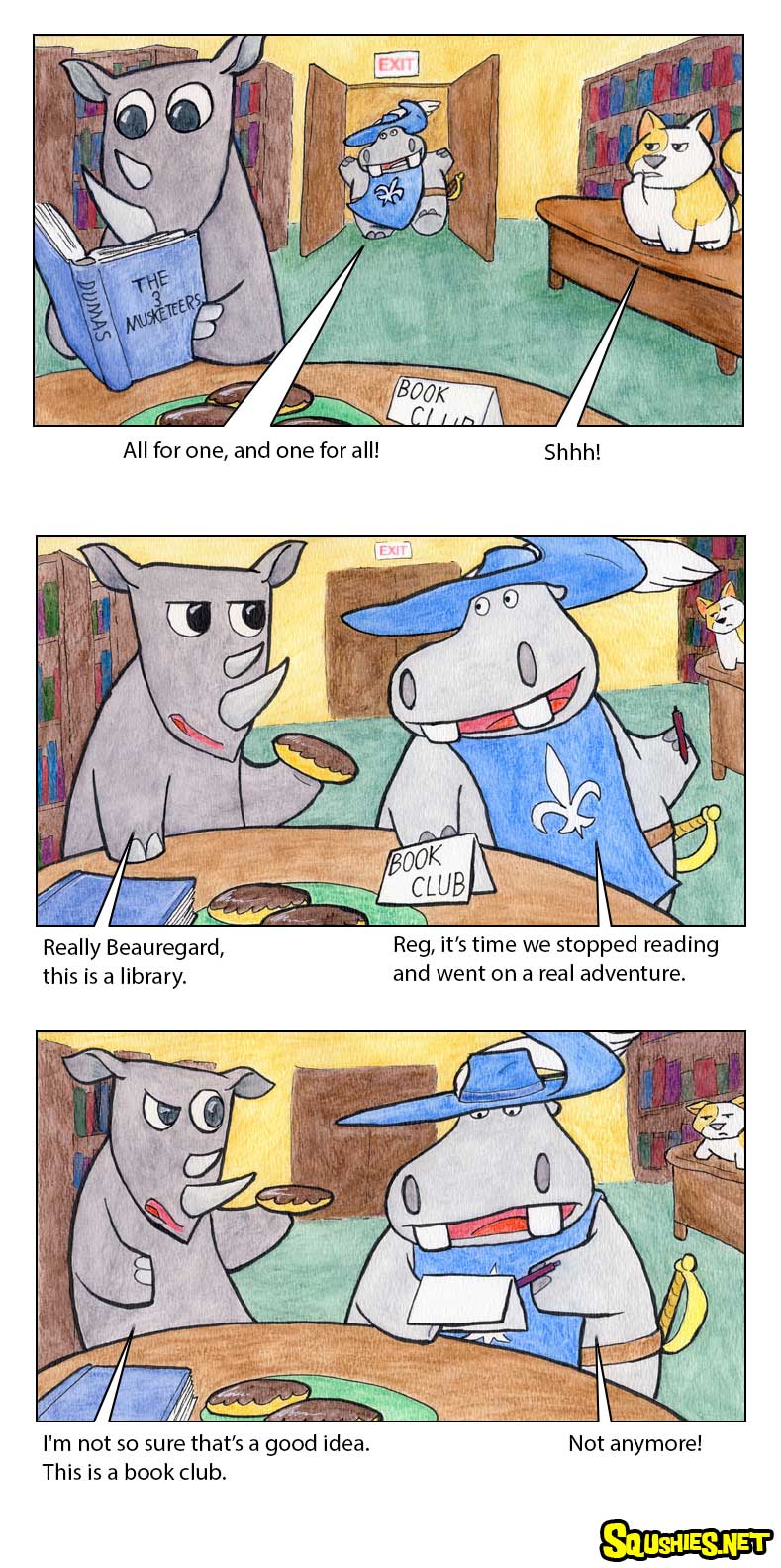 The Squshies web comic! Read about the adventures of Beauregard the Hippo and Reginald the Rhino - Three Musketeers - Week 1