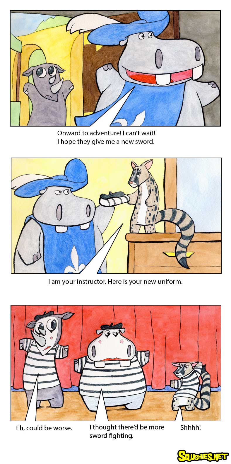 The Squshies web comic! Read about the adventures of Beauregard the Hippo and Reginald the Rhino - Three Musketeers - Week 5