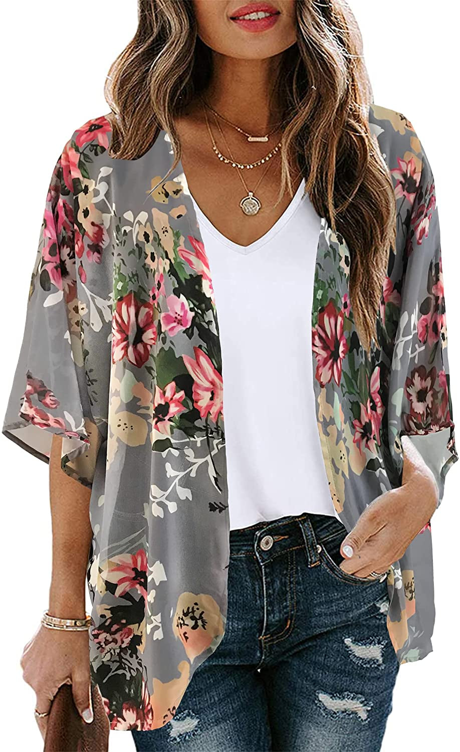 Women'S Floral Print Puff Sleeve Kimono Cardigan Loose Cover up Casual