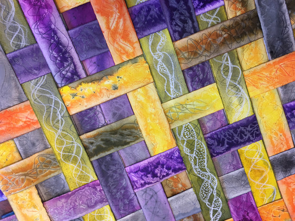 yellow, orange, and purple textured colourful original art by London abstract artist creating mixed media artwork
