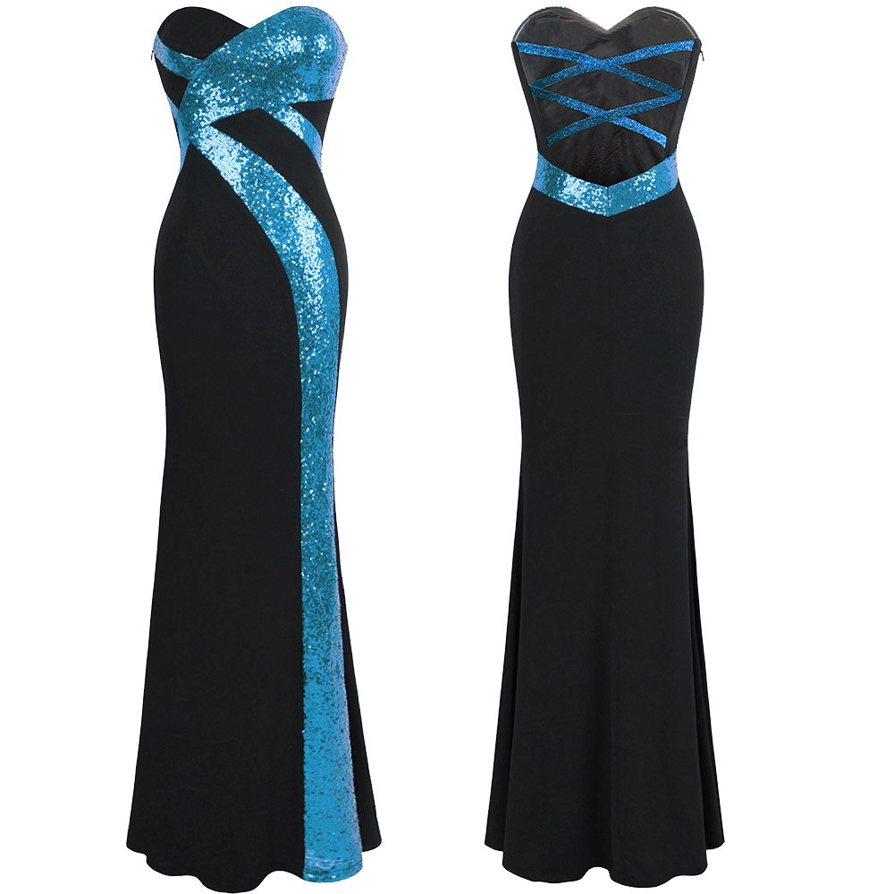 Long Prom Dress Strapless Mermaid Party Gown Black White 331 - Angel Fashion