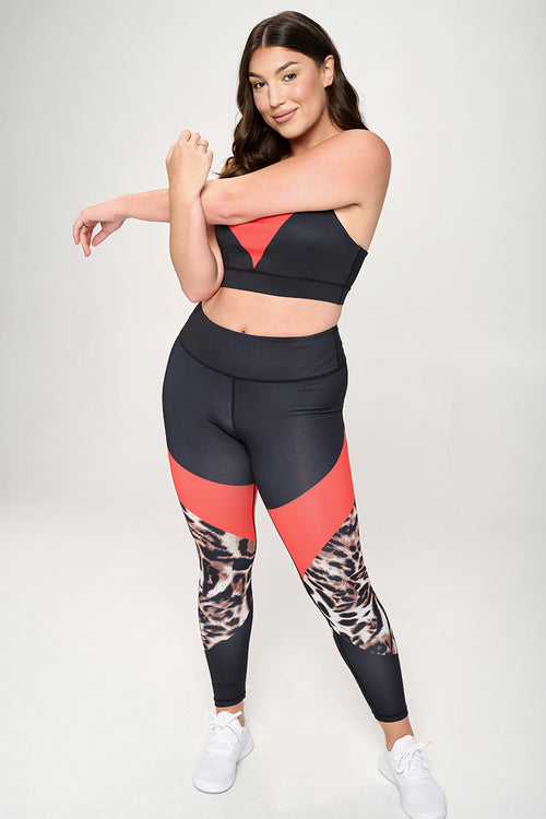 Plus Size Colorblock Cheetah Print Active Set