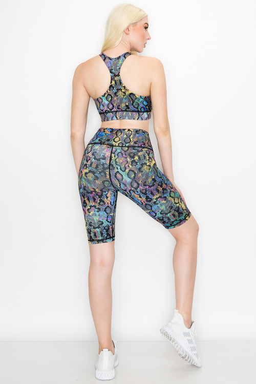 Iridescent Snake Print Workout Biker Shorts Set