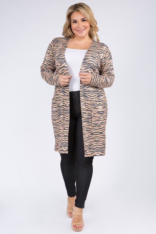 Plus Size Striped Animal Print Cardigan