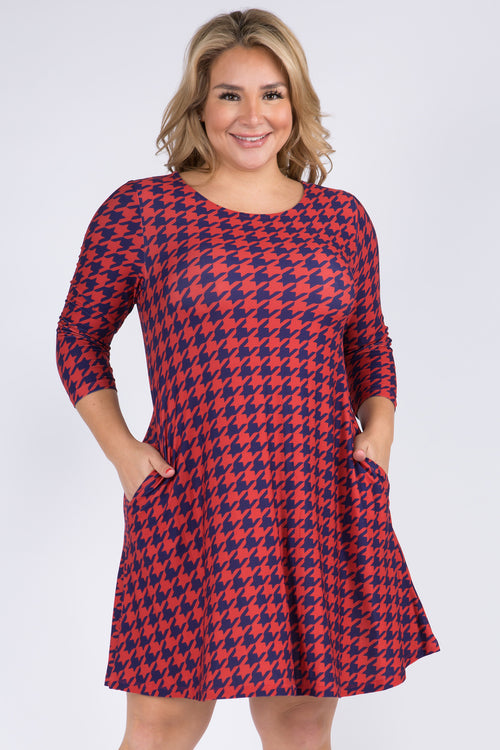 Plus Size Houndstooth ¾ Sleeve Dress