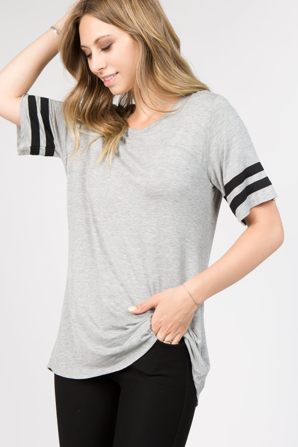 grey varsity striped tunic tops 