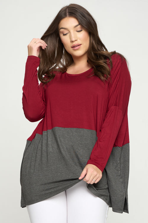 Plus Size Simple Colorblock Long Sleeve Top