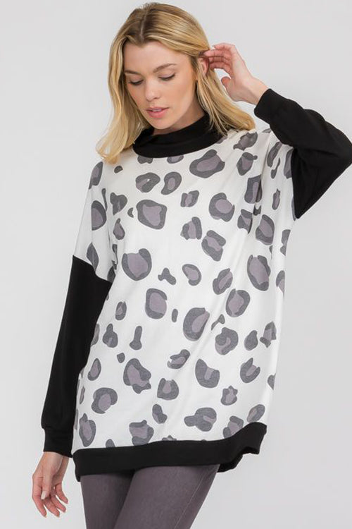 Scattered Leopard Print Mock Neck Sweater