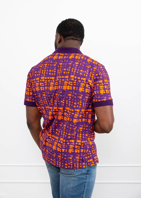 Femi Men's African Print Polo (Purple Tangerine Adire)