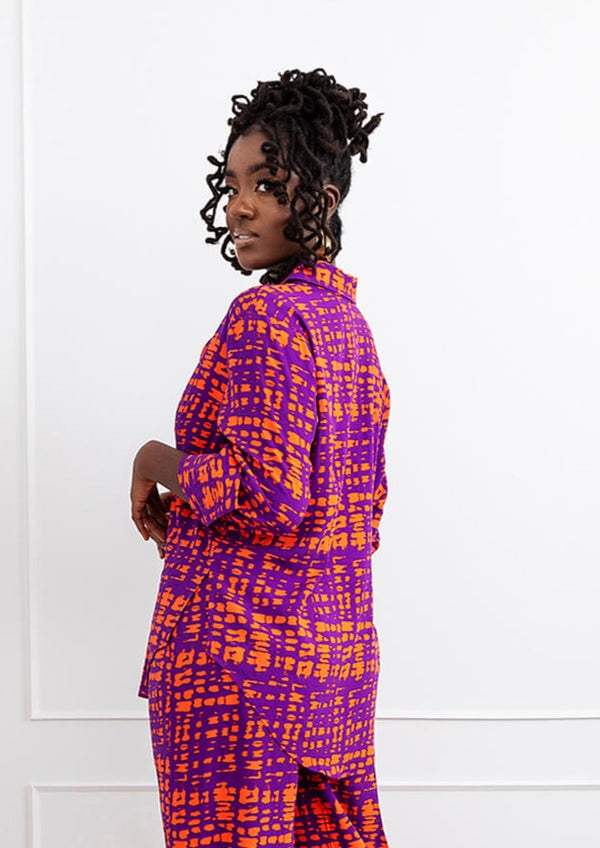 Kwamena Women's African Print Button-Up (Purple Tangerine Adire)