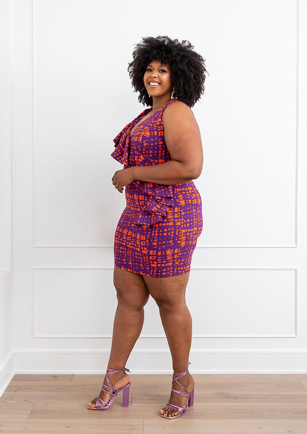 Aretta Women's African Print Stretch Dress (Purple Tangerine Adire)