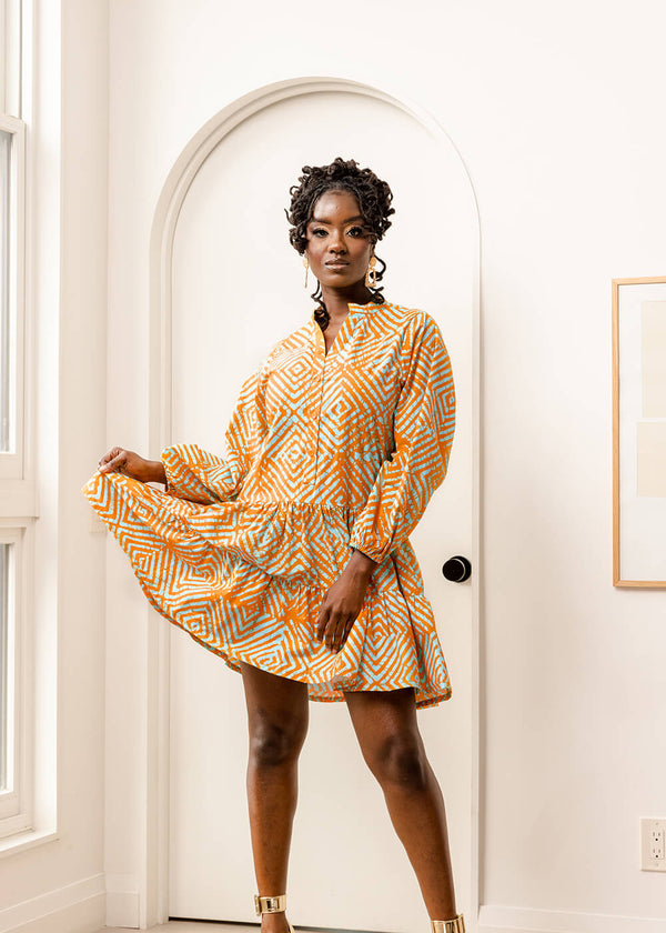 Terema Women's African Print Dress (Orange Blue Adire)