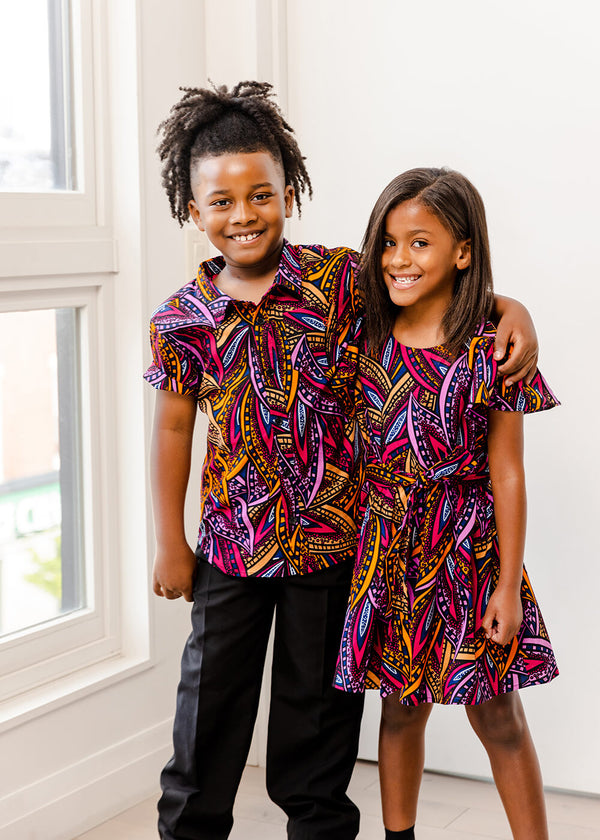 Kadija Girls' African Print Dress (Sunset Leaves)