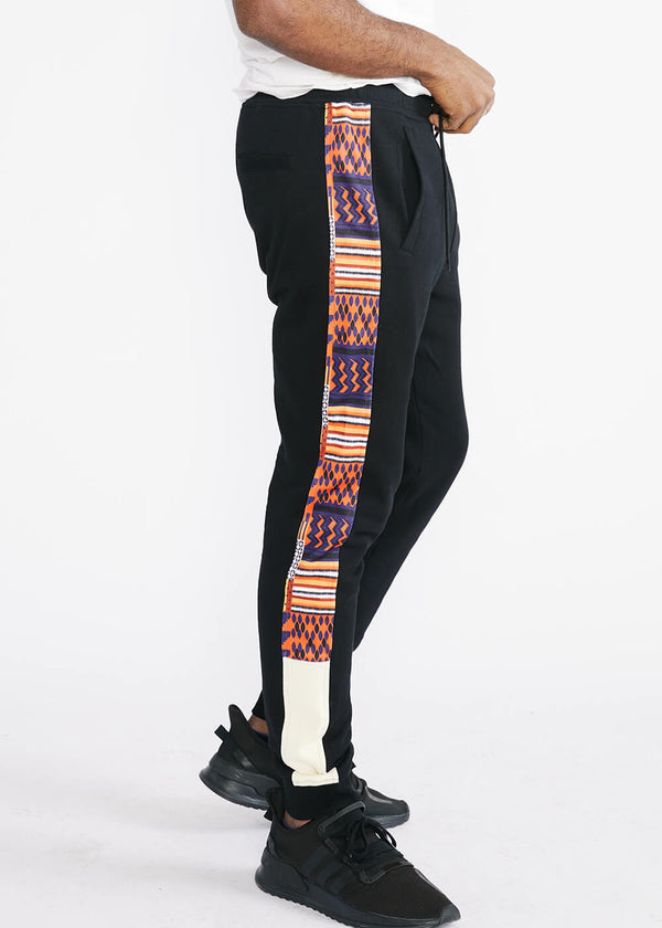 Faraji Men's African Print Color-Blocked Joggers (Black/Orange Navy Kente)