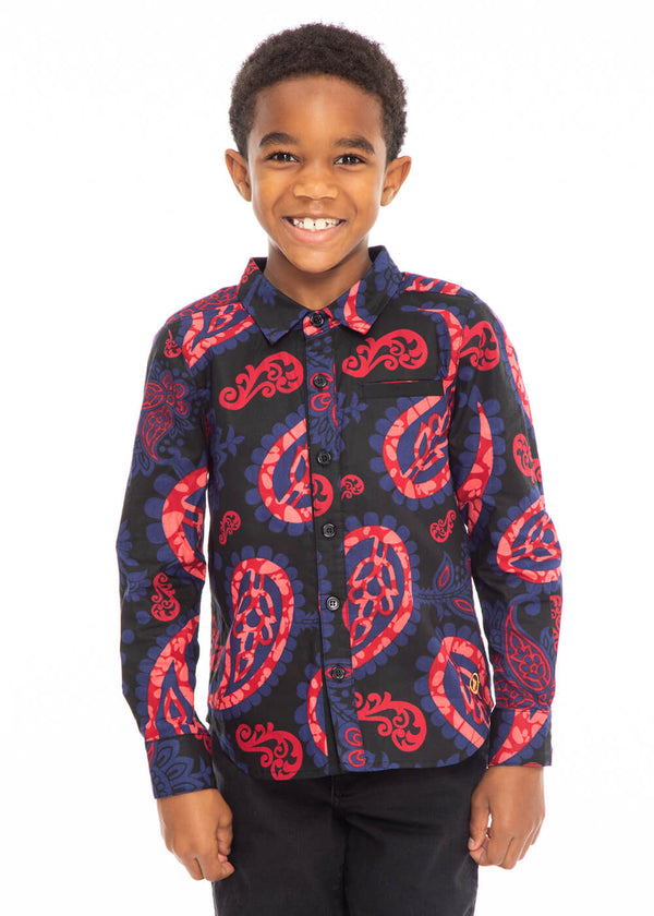 Kioko Boy's African Print Button-Up Shirt (Black Maroon Paisley)- Clearance