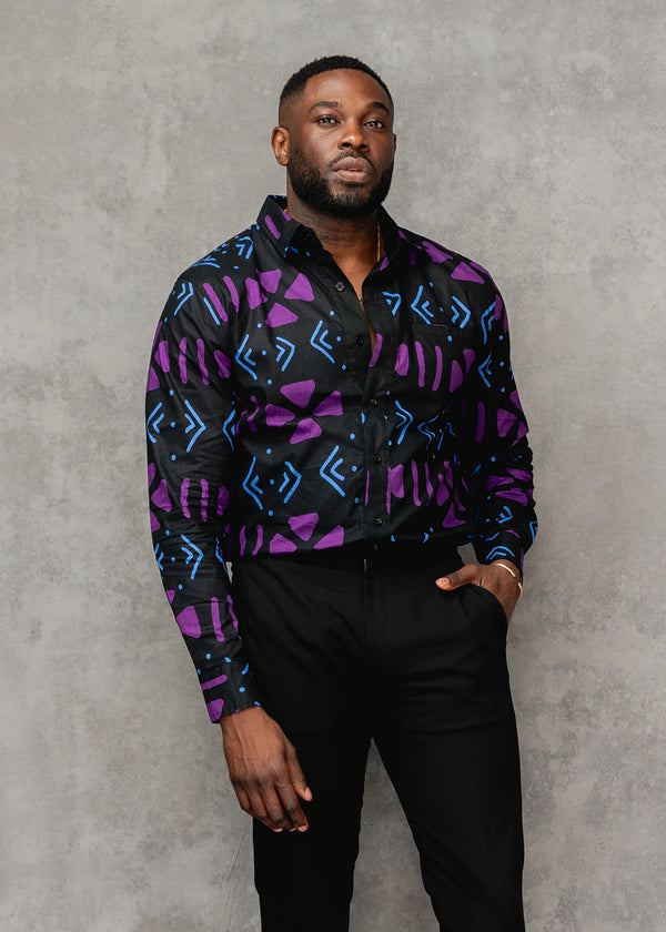 Chane Men's African Print Button-Up Shirt (Black Purple Mudcloth)