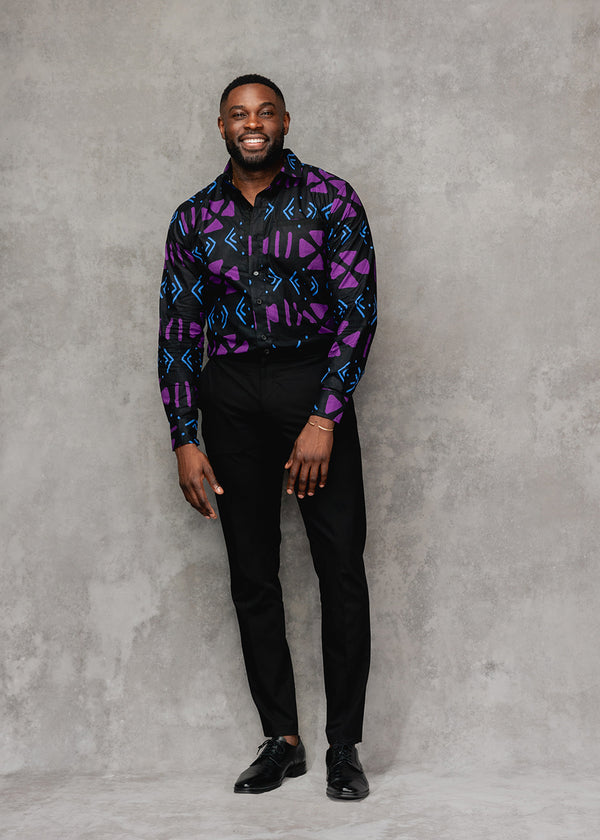 Chane Men's African Print Button-Up Shirt (Black Purple Mudcloth)