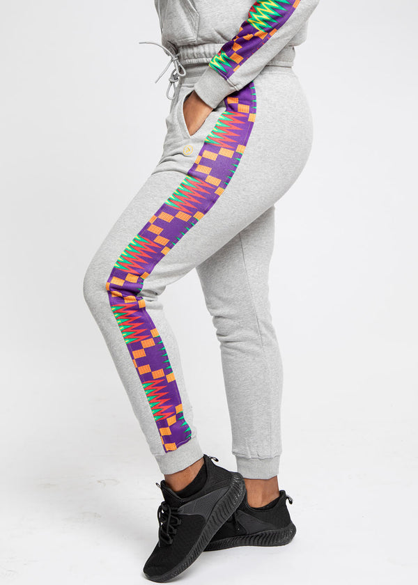 Ilera Women's African Print Color Blocked Jogger (Heather Grey/Purple Green Kente) - Clearance