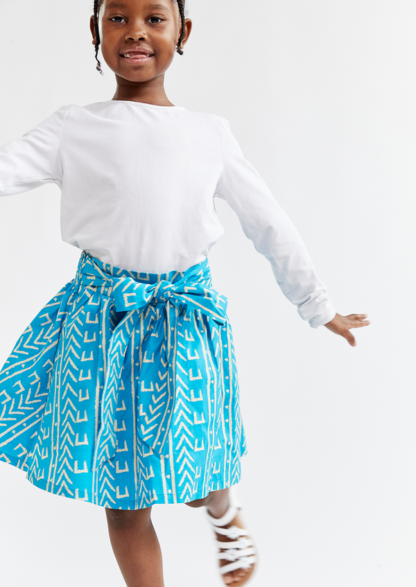 Bami Girl's African Print Skirt (Sky Blue Mudcloth) - Clearance