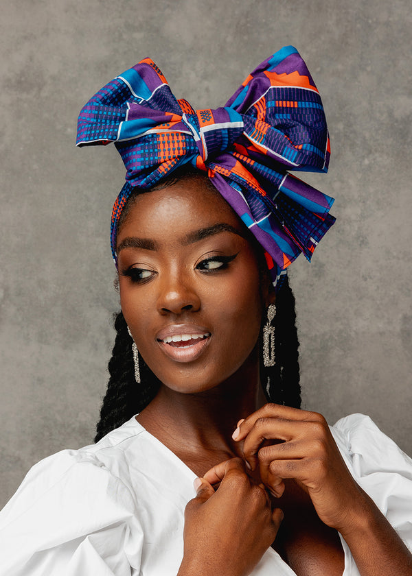 African Print Head Wrap/Scarf (Purple Navy Kente)