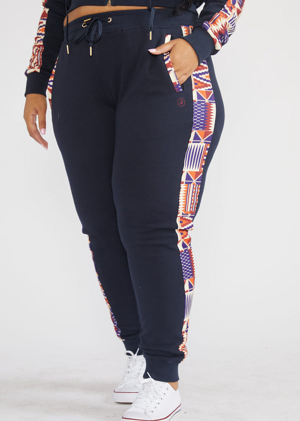 Ilipe Women's African Print Color-Blocked Joggers with Stripe (Navy/ Cream Maroon Kente)