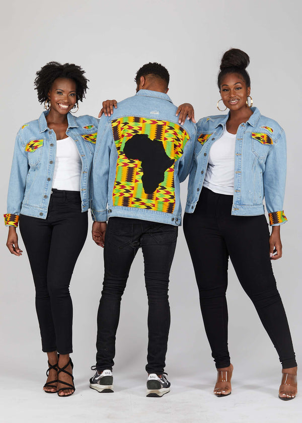 Kele Unisex African Print Denim Jacket with Africa Patch (Gold Maroon Kente) - Clearance