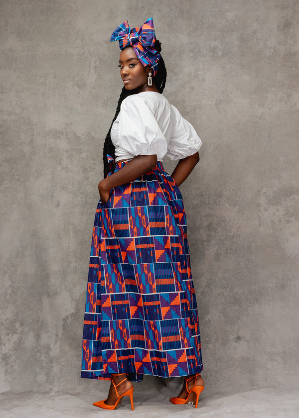 Kimiya Women's African Print Faux Wrap Skirt (Purple Navy Kente)