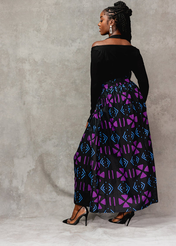 Kimiya Women's African Print Faux Wrap Skirt (Black Purple Mudcloth)