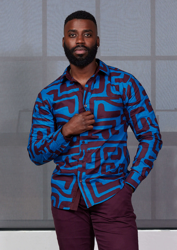 Chane Men's African Print Button-Up Shirt (Fig Blue Geometric)