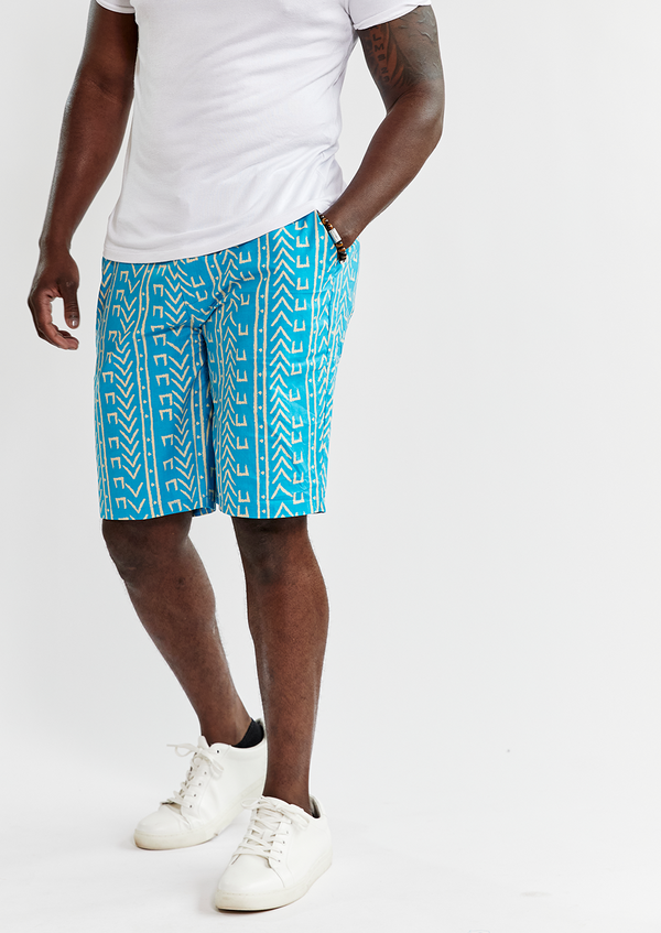 Debare Men's African Print Shorts (Sky Blue Mudcloth) - Clearance