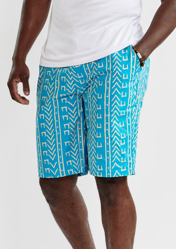 Debare Men's African Print Shorts (Sky Blue Mudcloth) - Clearance