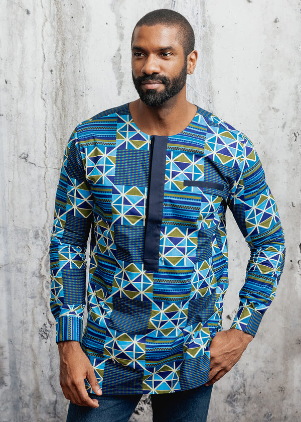Ibrahim Men's African Print Traditional Shirt (Navy Olive Kente) - Clearance