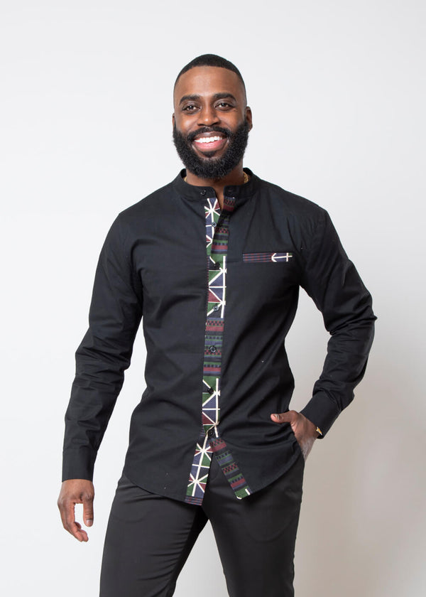 Ireti Men's African Print Color-Blocked Button-Up Shirt (Black/Black Red Kente)