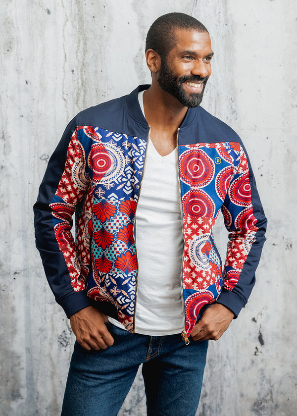 Ise Men's African Print Reversible Bomber Jacket (Maroon Circle Multipattern) - Clearance