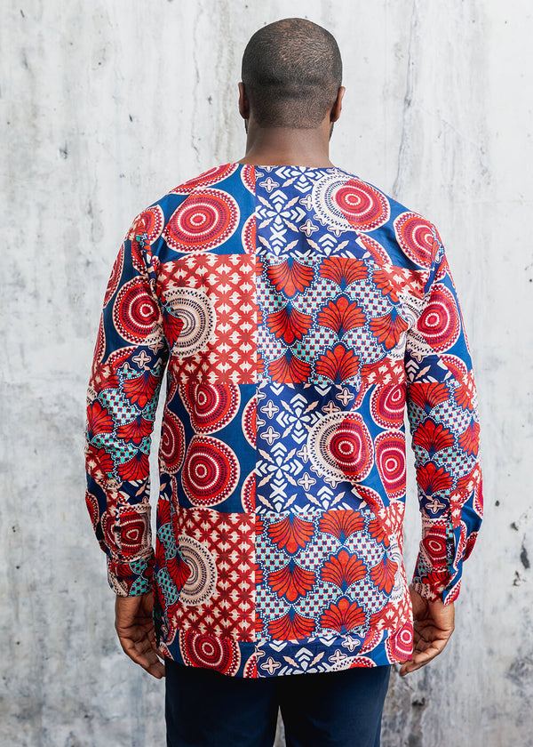 Jafari Men's African Print Long Sleeve Traditional Shirt (Maroon Circle Multipattern) - Clearance