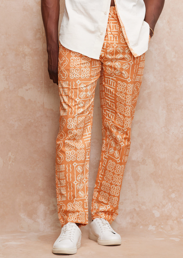 Kamau Men's African Print Drawstring Pants (Light Orange Adire) -Clearance