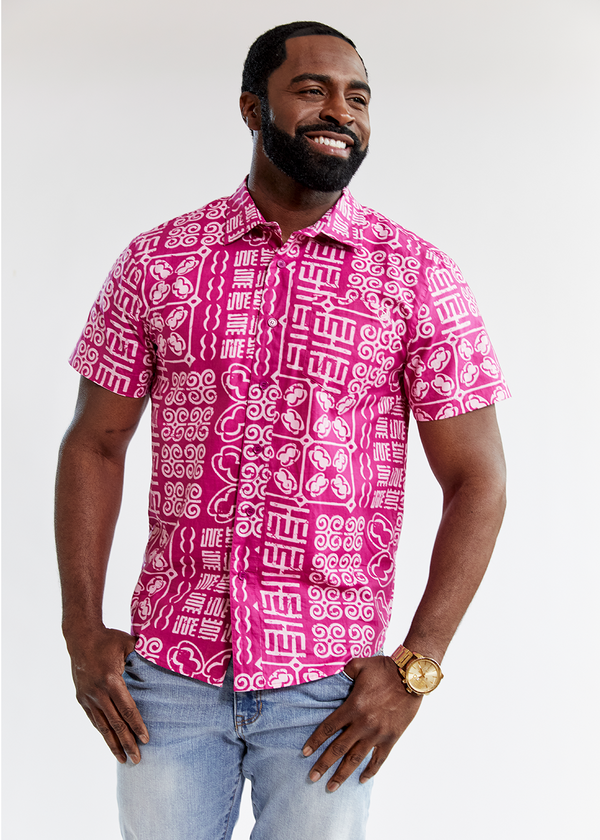 Keyon African Print Button-Up Shirt (Raspberry Adire) - Clearance