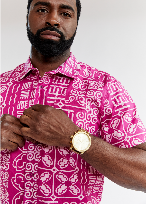 Keyon African Print Button-Up Shirt (Raspberry Adire) - Clearance