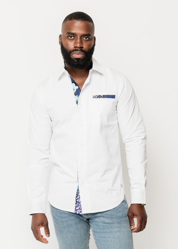 Obasi African Print Long Sleeve Button-Up Shirt (White/Light Blue Pink Iris)