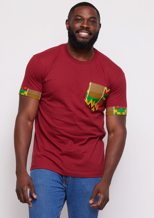 Seun Men's African Print Applique T-shirt (Maroon/Green Yellow Kente)  -Clearance